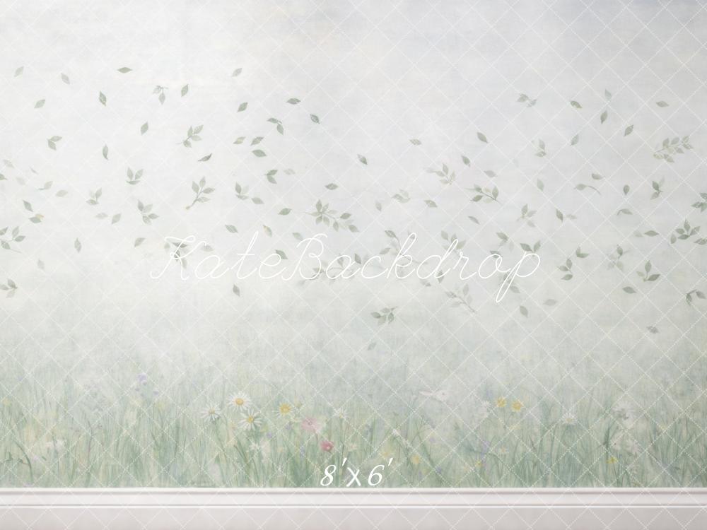 Kate Spring Green Leaves Wildflowers Grass Meadow Wall Backdrop Designed by Mini MakeBelieve