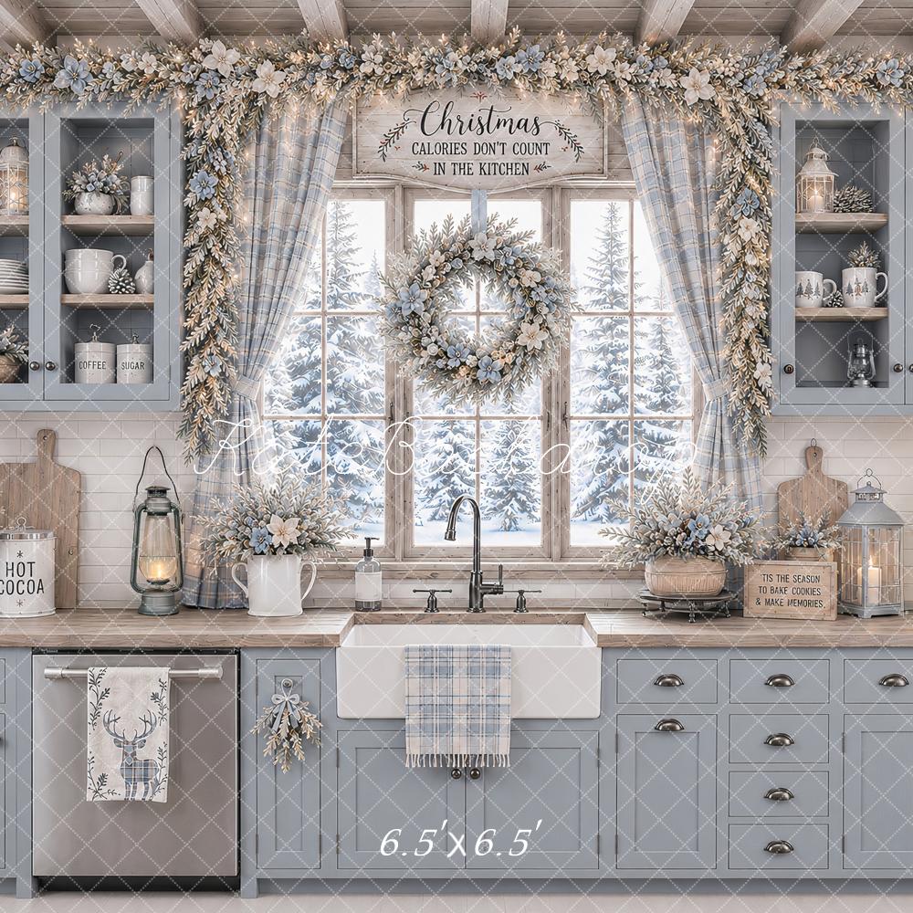 Kate Christmas Blue Kitchen Floral Wreath Snowy Printed Backdrop Designed by Ashley Paul