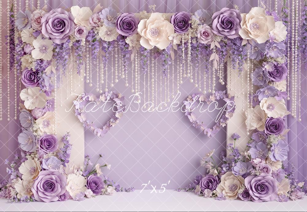 Kate Valentine's Day Purple Paper Flower Arch Pearls Printed Backdrop Designed by Angela Miller