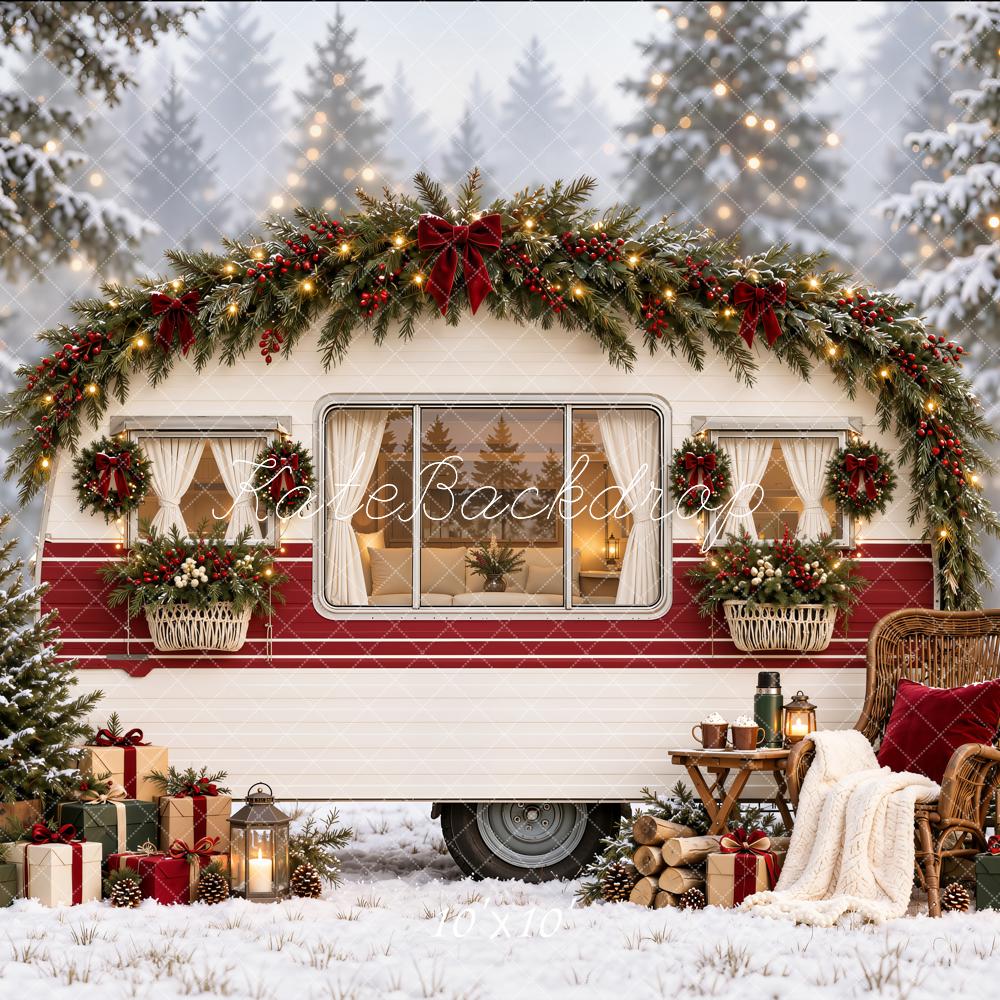 Kate Christmas Camper Snowy Forest Garland Tree Chair Printed Backdrop Designed by Emetselch