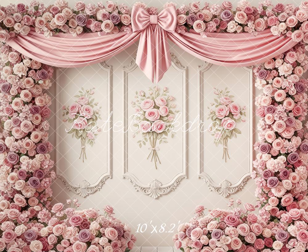 Kate Flower Arch Pink Roses Bow Curtains Backdrop Designed by Patty Roberts