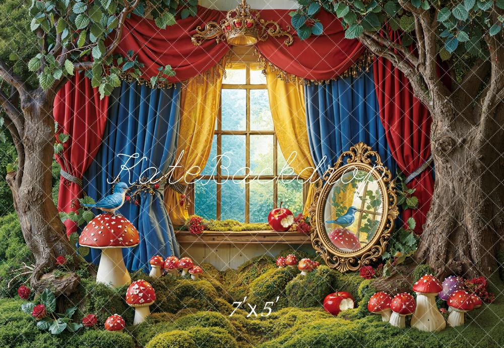 Kate Fairy Fantasy Forest Red Blue Yellow Curtains Mushroom Window Mirror Backdrop Designed by Emetselch
