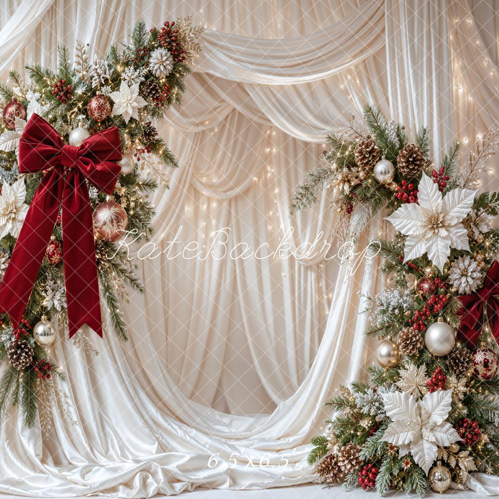Kate Christmas Pine Garland Red Bow Poinsettia Ivory Drapes Printed Backdrop Designed by Emetselch