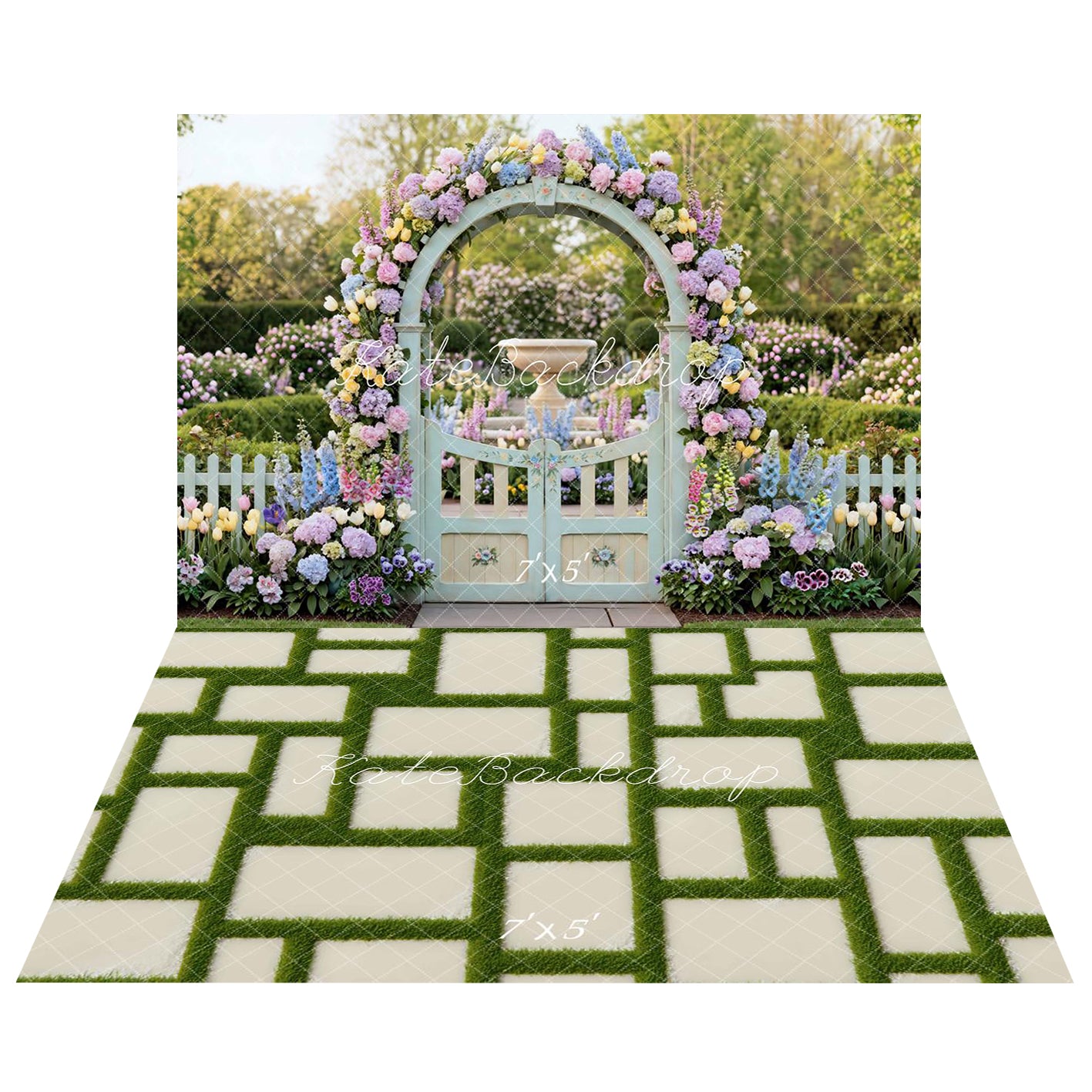 Kate Flower Arch Pastel Garden Gate Fountain Backdrop+Geometric Grass and Cream Stone Floor Backdrop