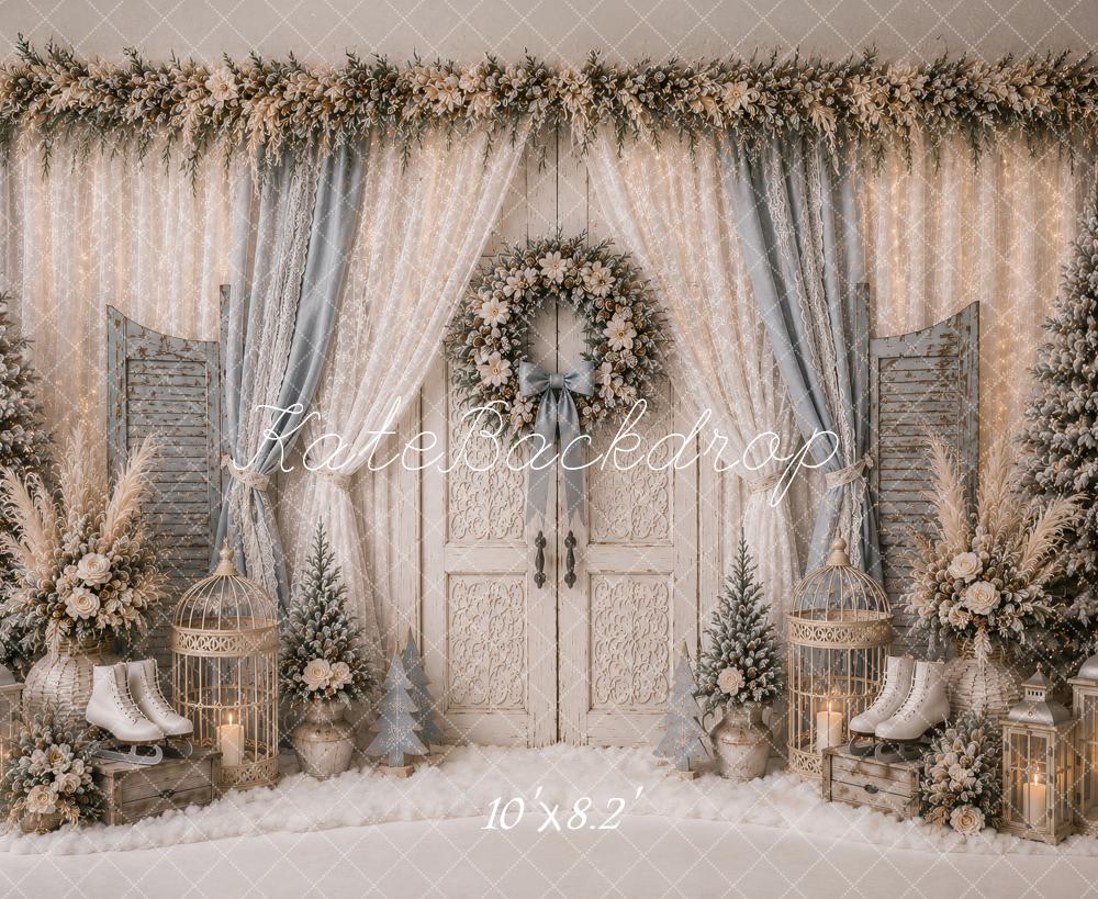 Kate Christmas White Double Doors Wreath Lace Curtains Trees Printed Backdrop Designed by Ashley Paul
