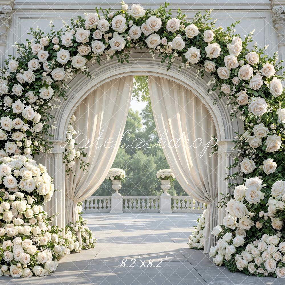 Kate Spring Flower Arch White Roses Columns Elegant Garden Backdrop Designed by Mini MakeBelieve