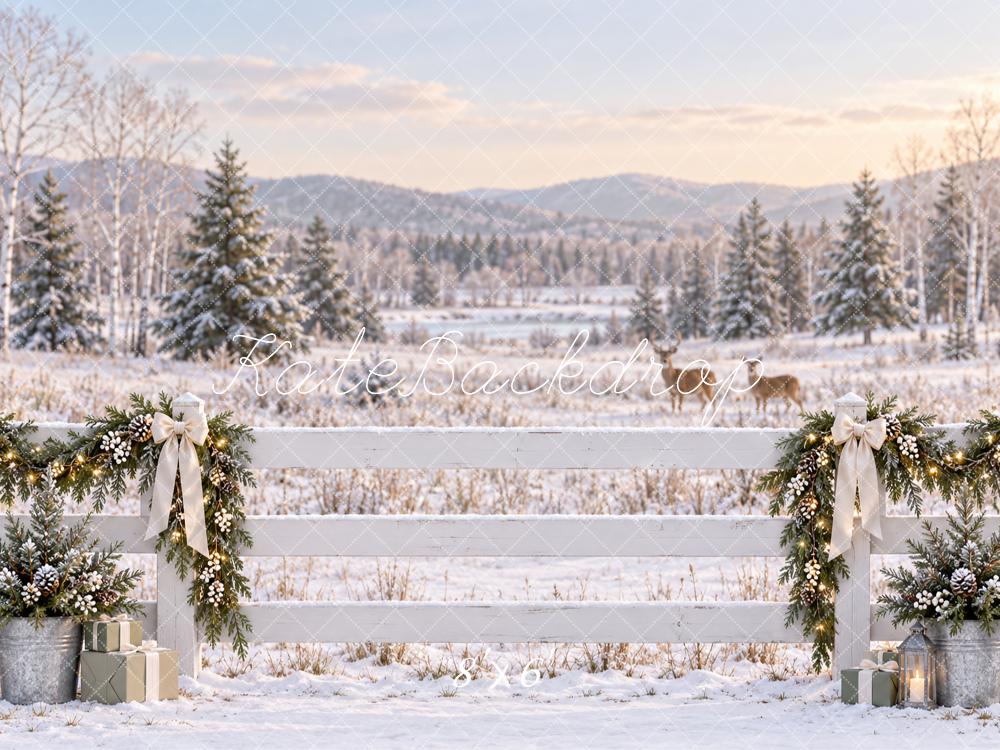 Kate Christmas Snowy Fence Deer Evergreen Garland Printed Backdrop Designed by Vertigo Productions