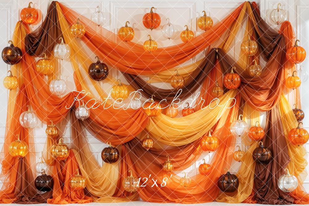 Kate Halloween Orange Glass Pumpkins Drapes Printed Backdrop Designed by Mini MakeBelieve