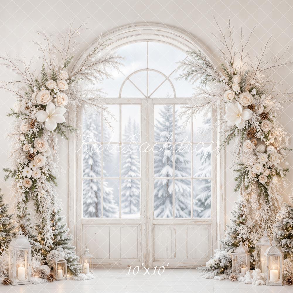 Kate Christmas Flower Arch White Winter Door Snowy Printed Backdrop Designed by Emetselch