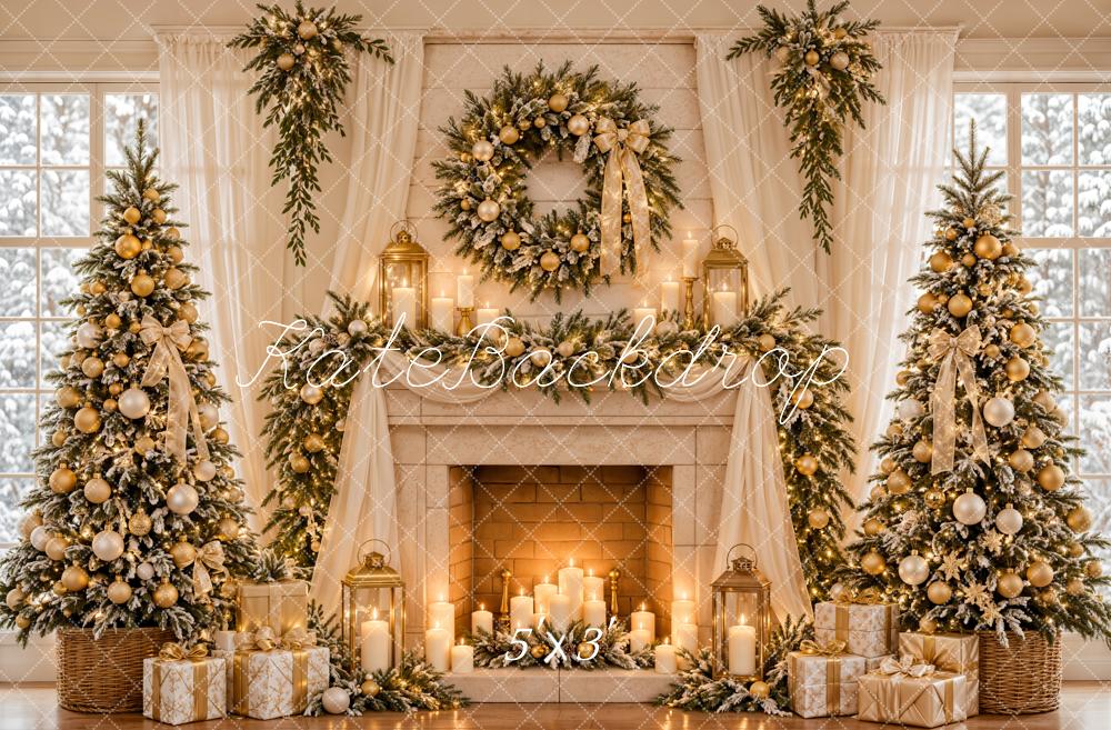 Kate Christmas Fireplace  Christmas Trees Wreath Gold Ornaments Window Printed Backdrop Designed by Emetselch