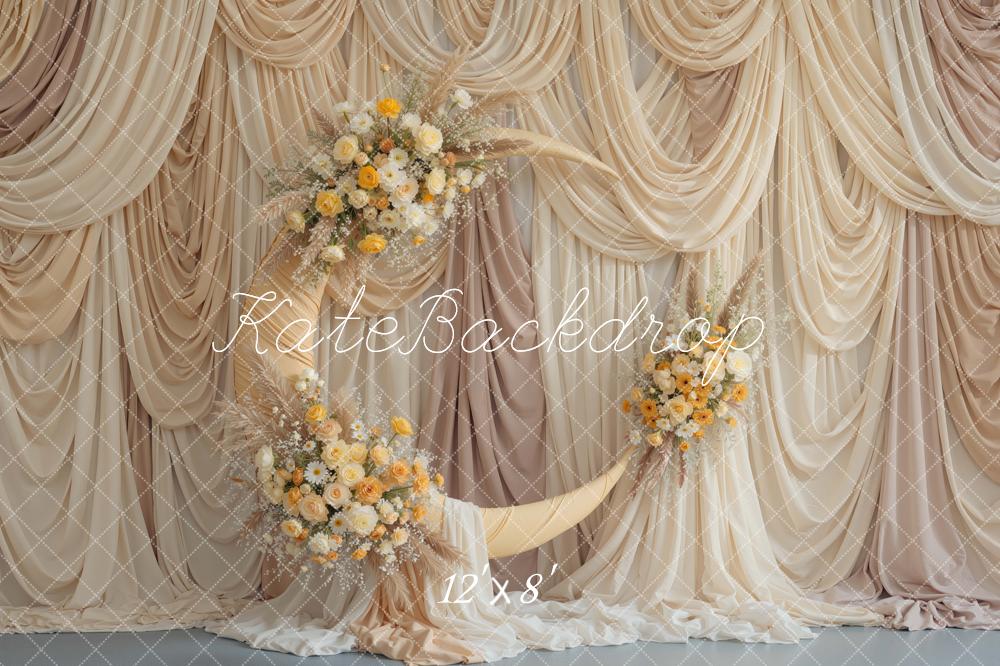 Kate Beige Drapes Crescent Moon Flower Printed Backdrop Designed by Mini MakeBelieve