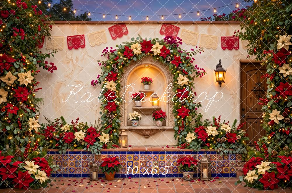 Kate Mexican Christmas Poinsettia Courtyard Floral Arch Printed Backdrop Designed by Patty Roberts