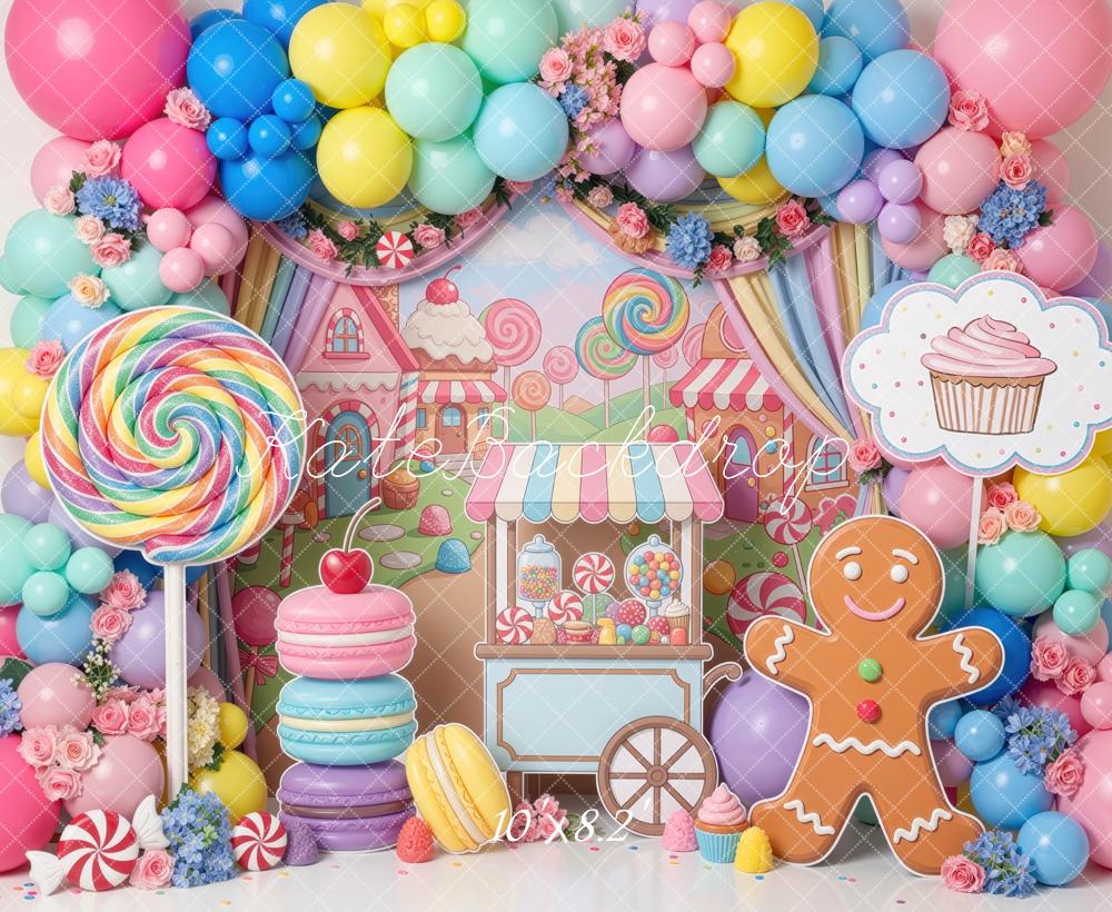 Kate Christmas Sweets Candyland Gingerbread Balloon Lollipop Macaron Printed Backdrop Designed by Mini MakeBelieve