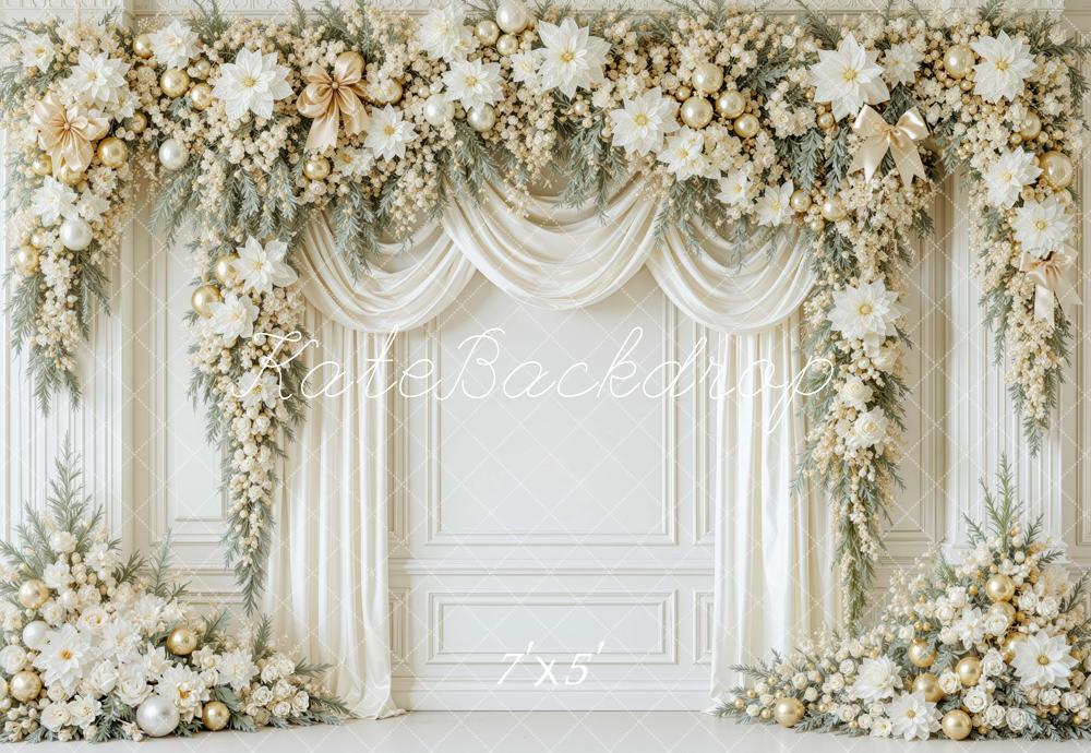 Kate Christmas White Gold Flower Arch Drapes Printed Backdrop Designed by Mini MakeBelieve