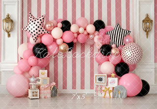 Kate Cake Smash Pink Balloon Arch Striped Wall Printed Backdrop Designed by Emetselch