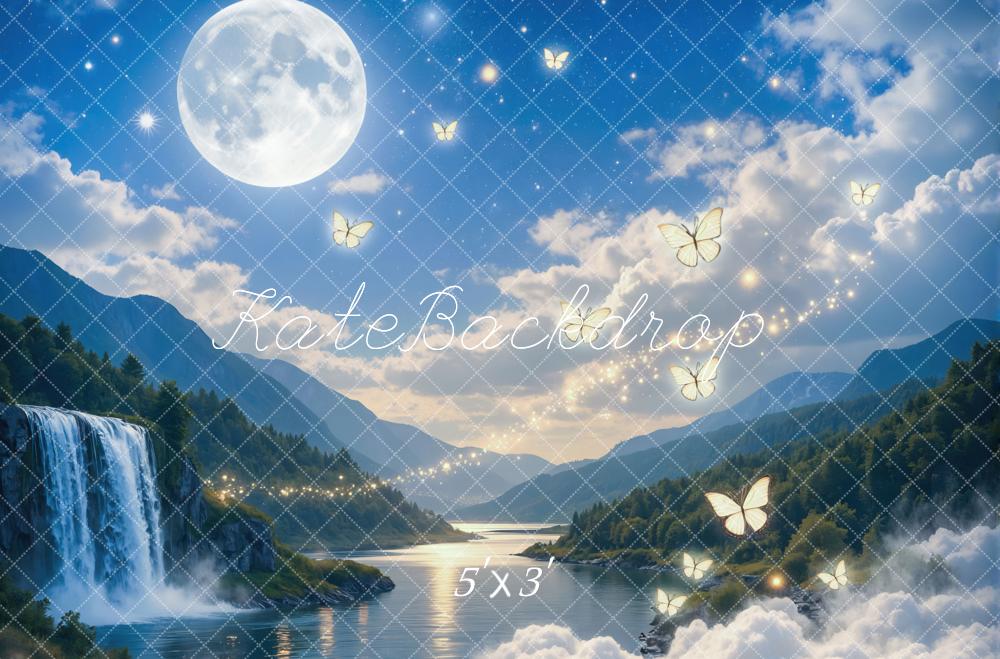 Kate Fairy Fantasy Moonlight Waterfall Butterflies Printed Backdrop Designed by Mini MakeBelieve