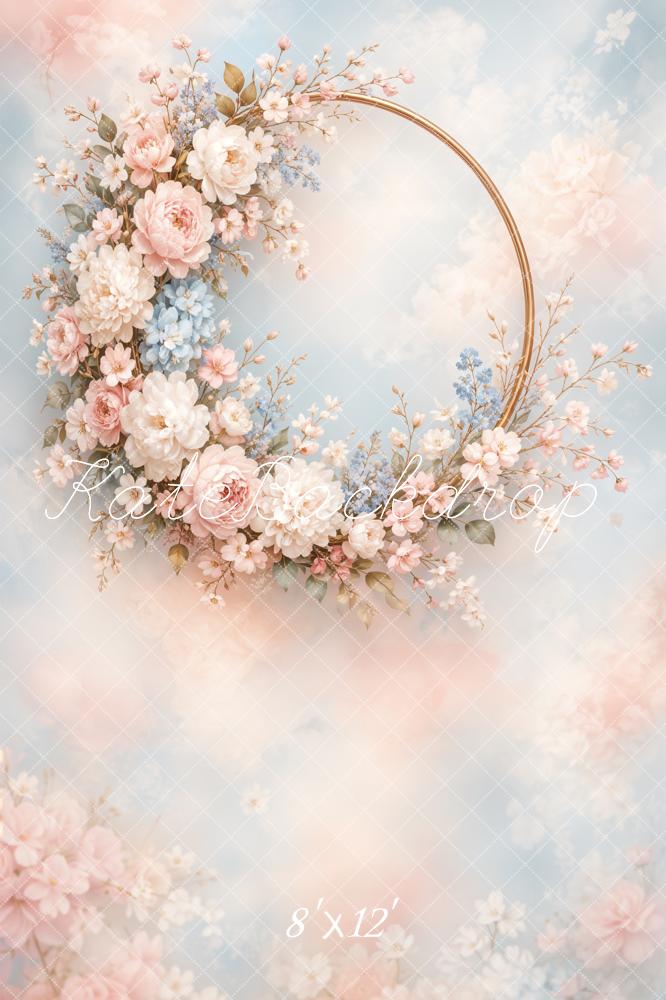 Kate Fine Art Floral Wreath Gold Hoop Clouds Printed Backdrop Designed by Emetselch