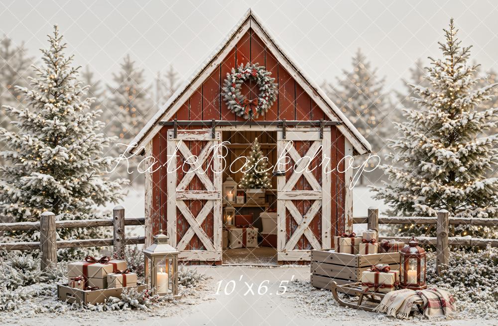 Kate Christmas Snowy Red Barn Wreath Pine Trees Wood Printed Backdrop Designed by Emetselch