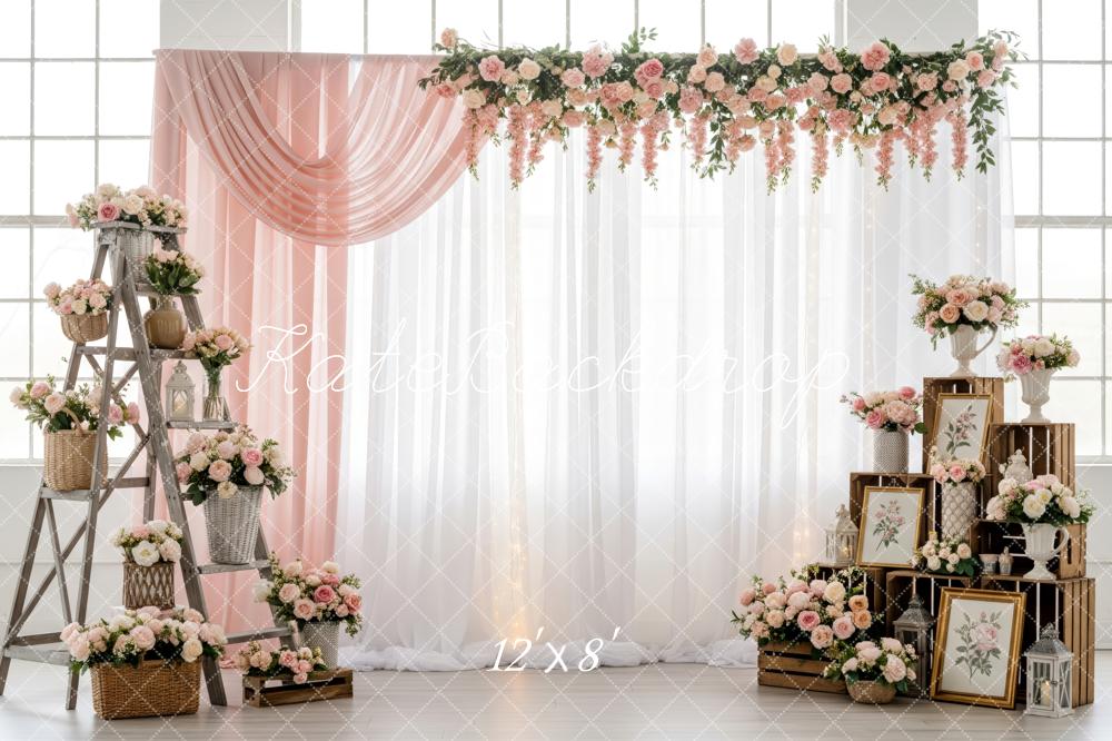 Kate Spring Flower Arch Ladder Crates Pink Roses Printed Backdrop Designed by Patty Roberts