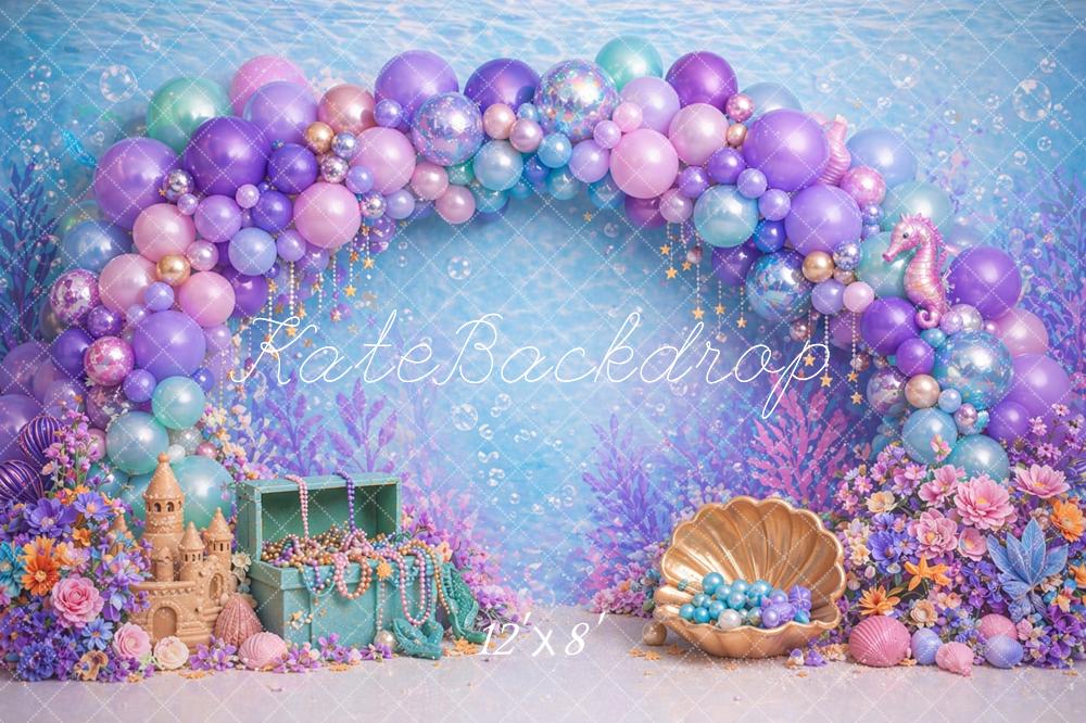 Kate Mermaid Balloon Arch Shell Sandcastle Underwater Printed Backdrop Designed by Caitlin Lynch