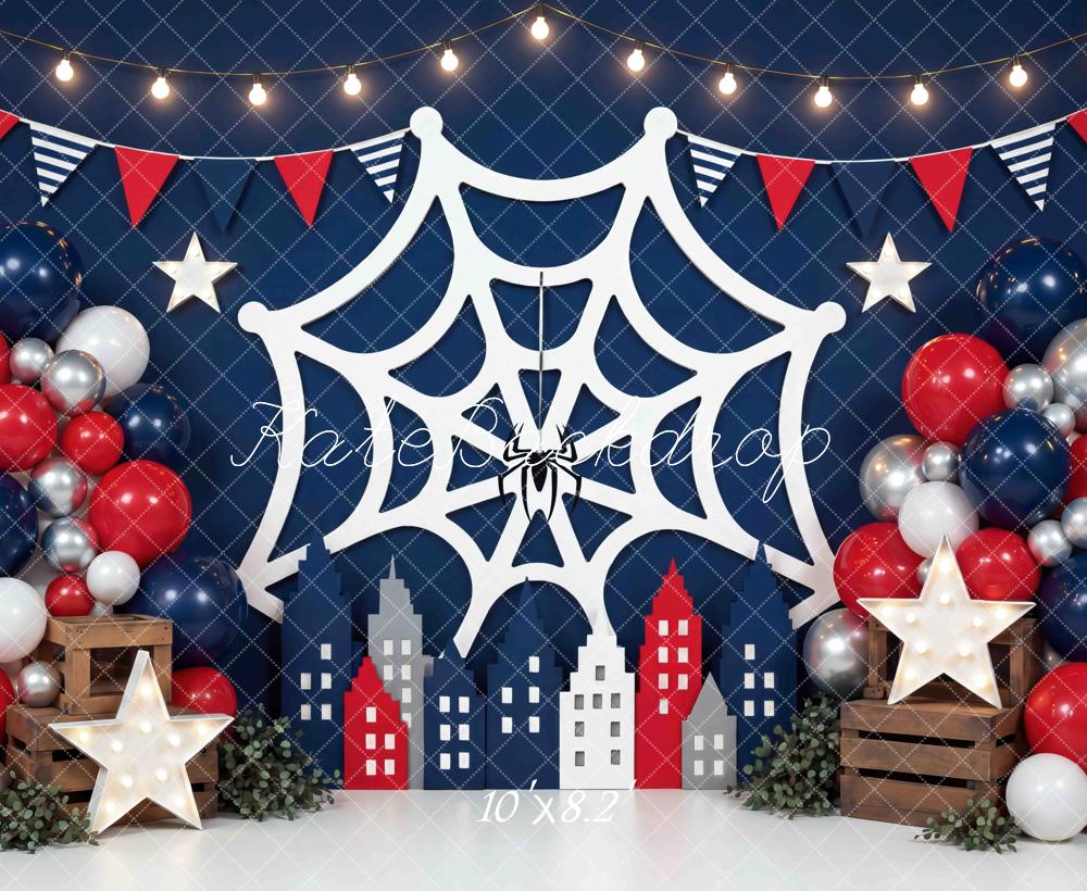 Kate Superhero Spider Web Cityscape Balloons Stars Bunting Printed Backdrop Designed by Mini MakeBelieve