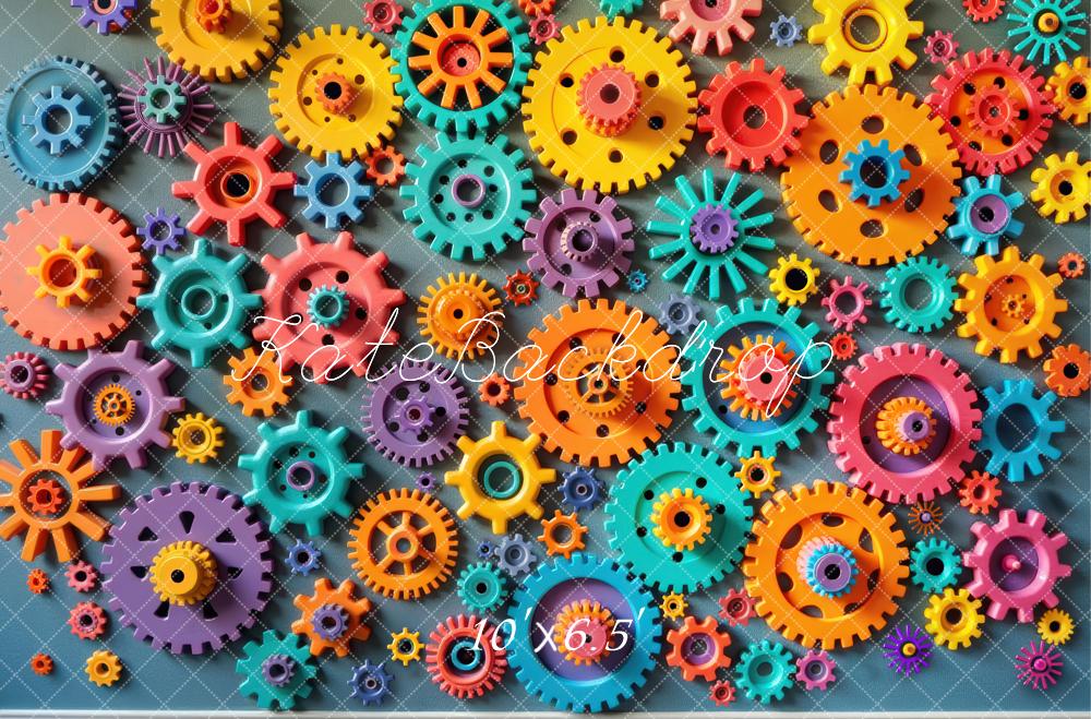 Kate Colorful Gears and Cogs Pattern Printed Backdrop Designed by Laura Bybee