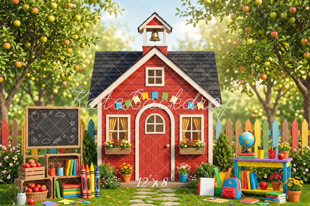 Kate Back To School Red Schoolhouse Apple Orchard Chalkboard Printed Backdrop Designed by Patty Roberts
