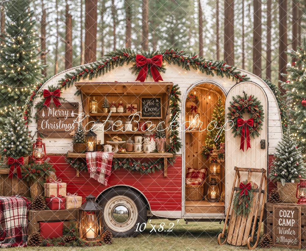Kate Christmas Camper Red Plaid Hot Cocoa Sleigh Forest Printed Backdrop Designed by Emetselch