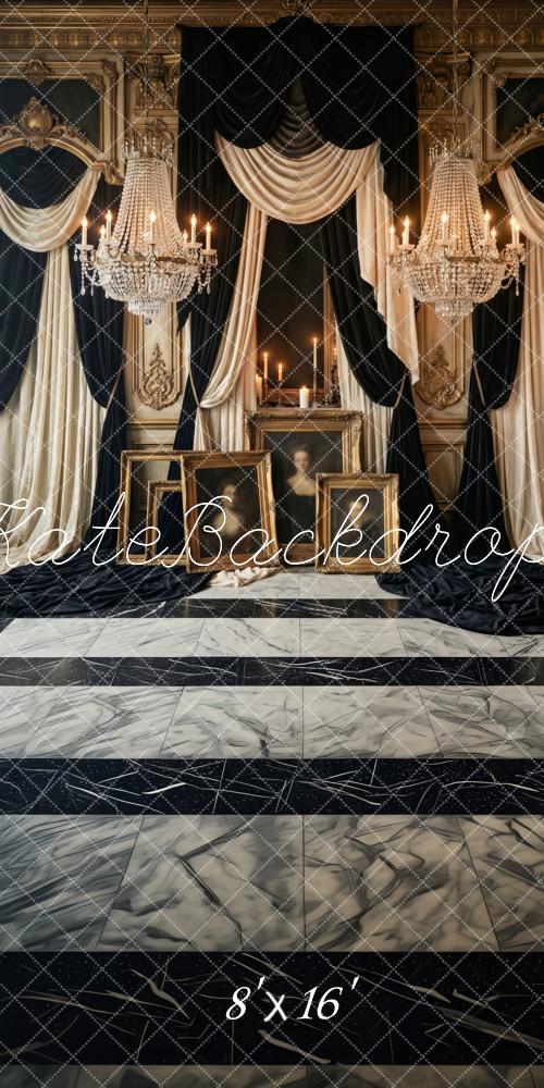 Kate Sweep Vintage Palace Chandeliers Drapes Marble Floor Printed Backdrop Designed by Patty Roberts
