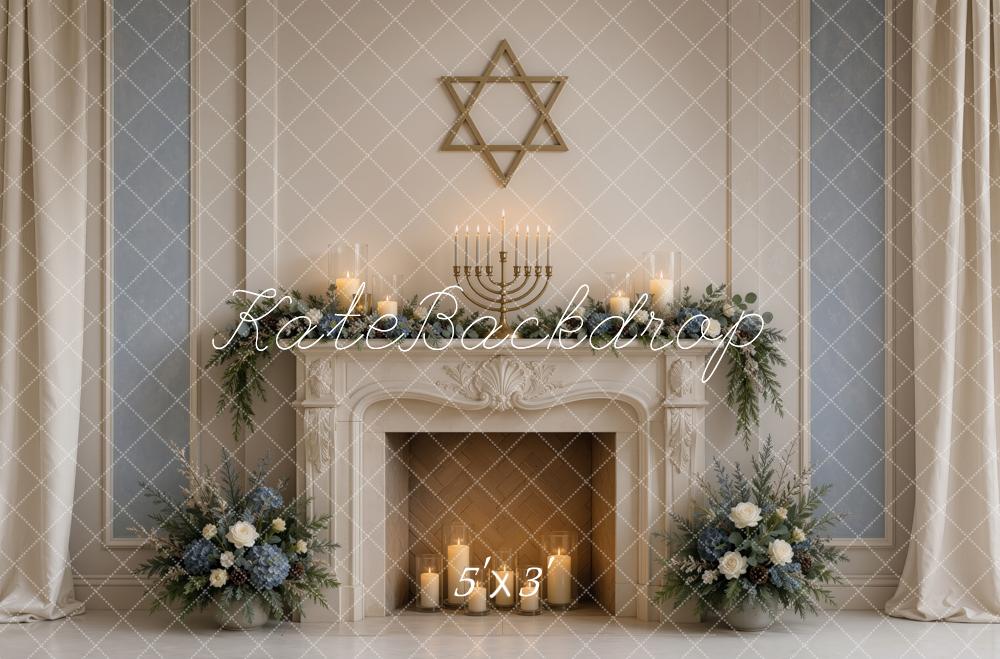 Kate Hanukkah Menorah Star of David Fireplace Floral Printed Backdrop Designed by Ashley Ward