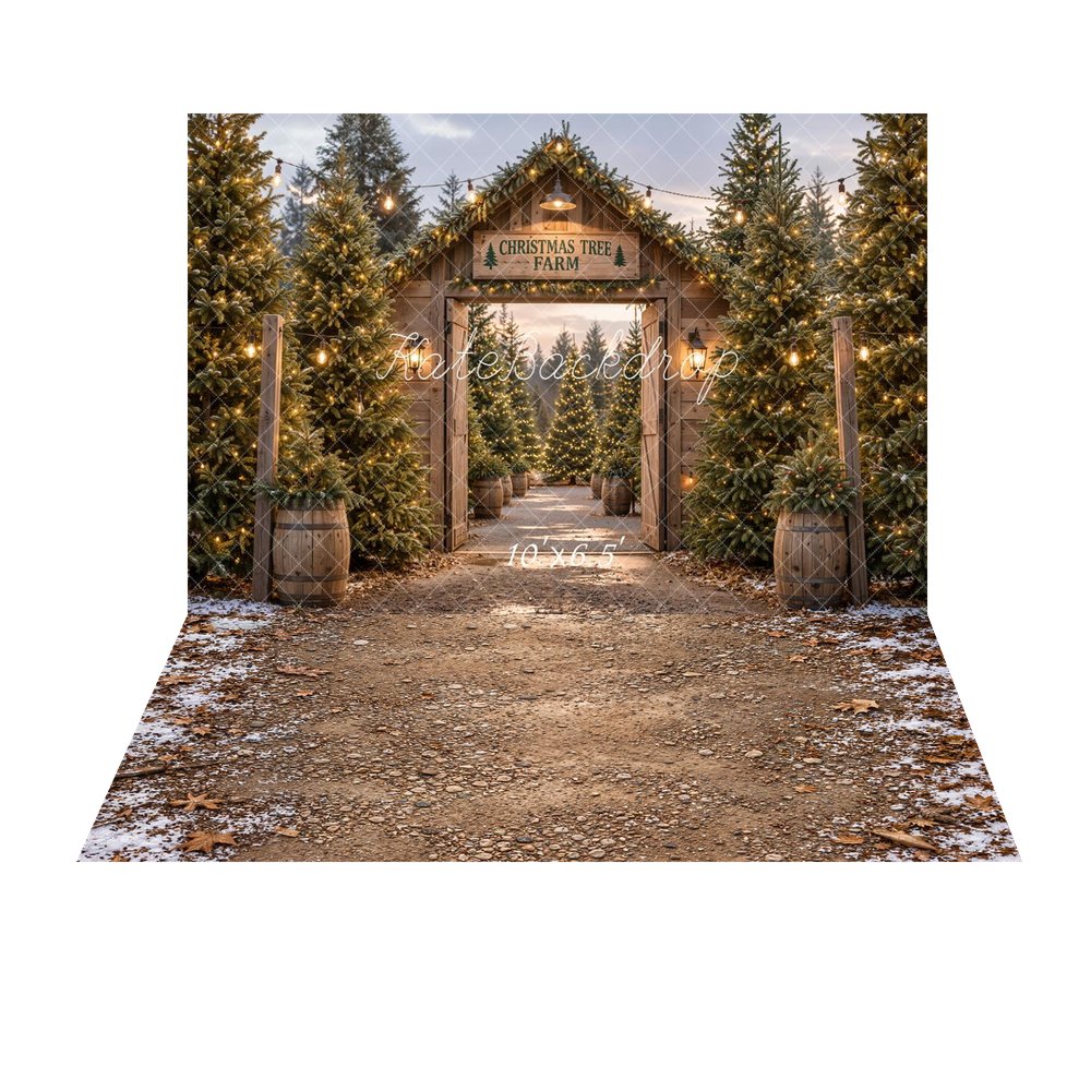 Kate Christmas Tree Farm Gate Wood Rustic Printed Backdrop+Winter Snowy Dirt Path Withered Leaves Floor Printed Backdrop