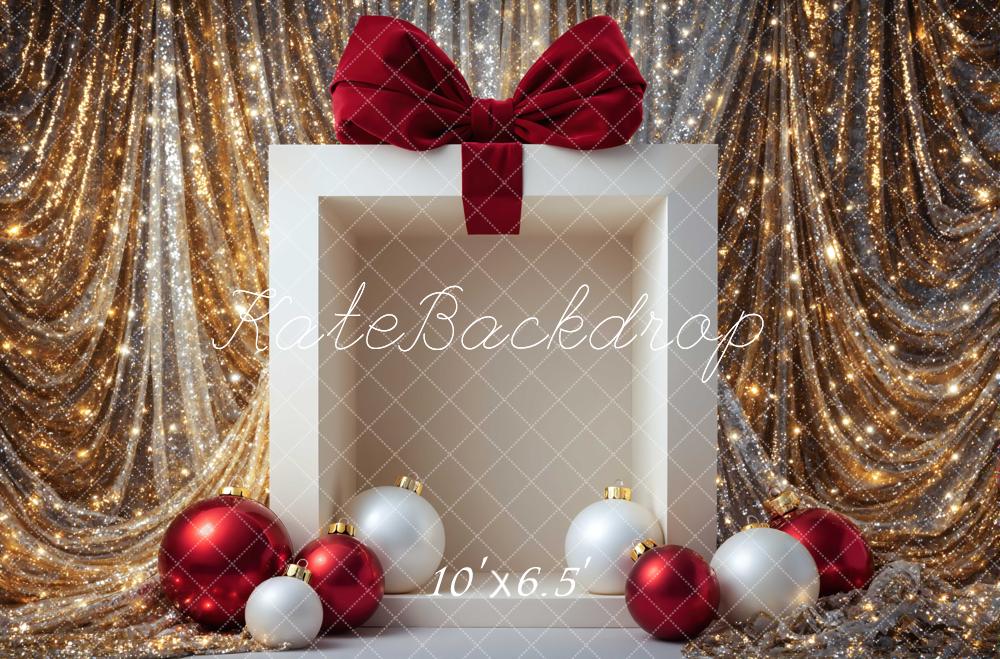Kate Christmas Gift Box Red Bow Ornaments Gold Glitter Drapes Printed Backdrop Designed by Mini MakeBelieve