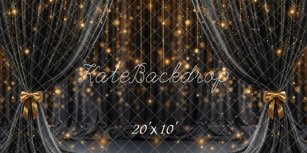 Kate Black Curtain Gold Glitter Bow Lights Stage Backdrop Designed by Emetselch