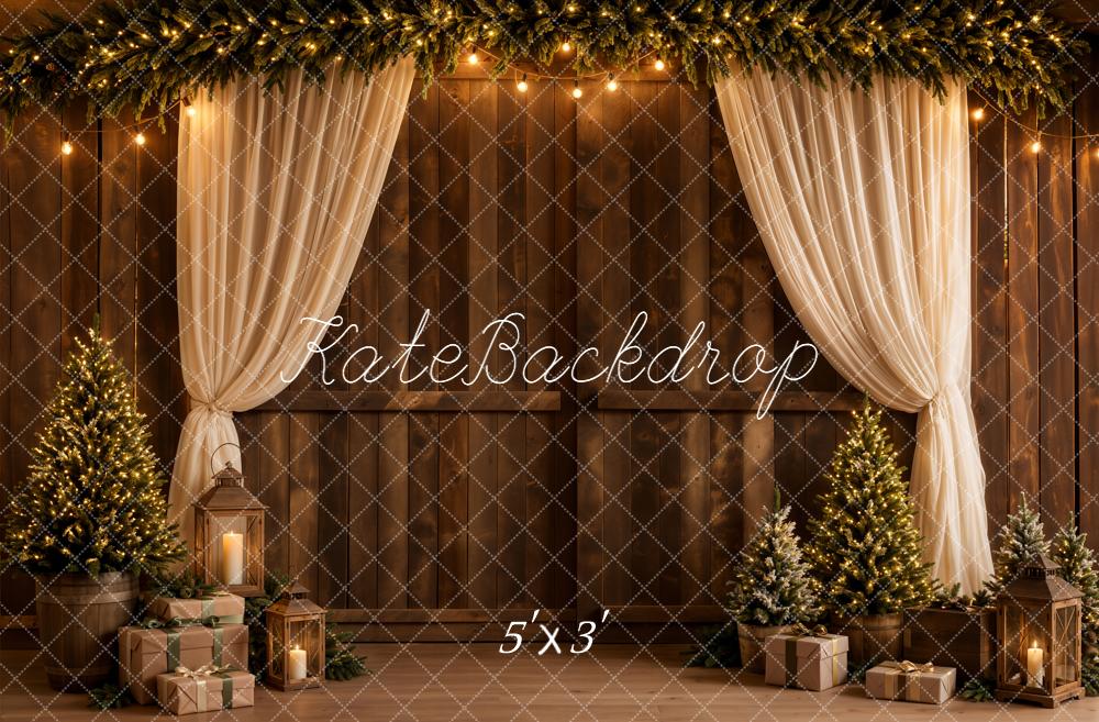 Kate Christmas Tree Garland Curtain Rustic Wooden Wall Printed Backdrop Designed by Emetselch