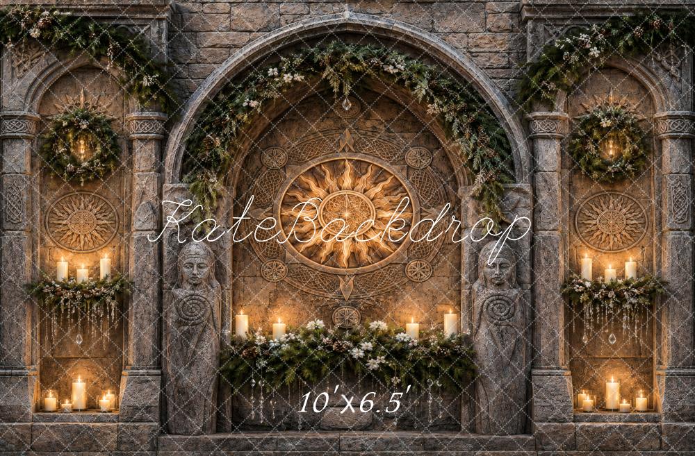 Kate Nordic Stone Sanctuary Stone Arch Sun Carving Candles Garland Printed Backdrop Designed by Vertigo Productions