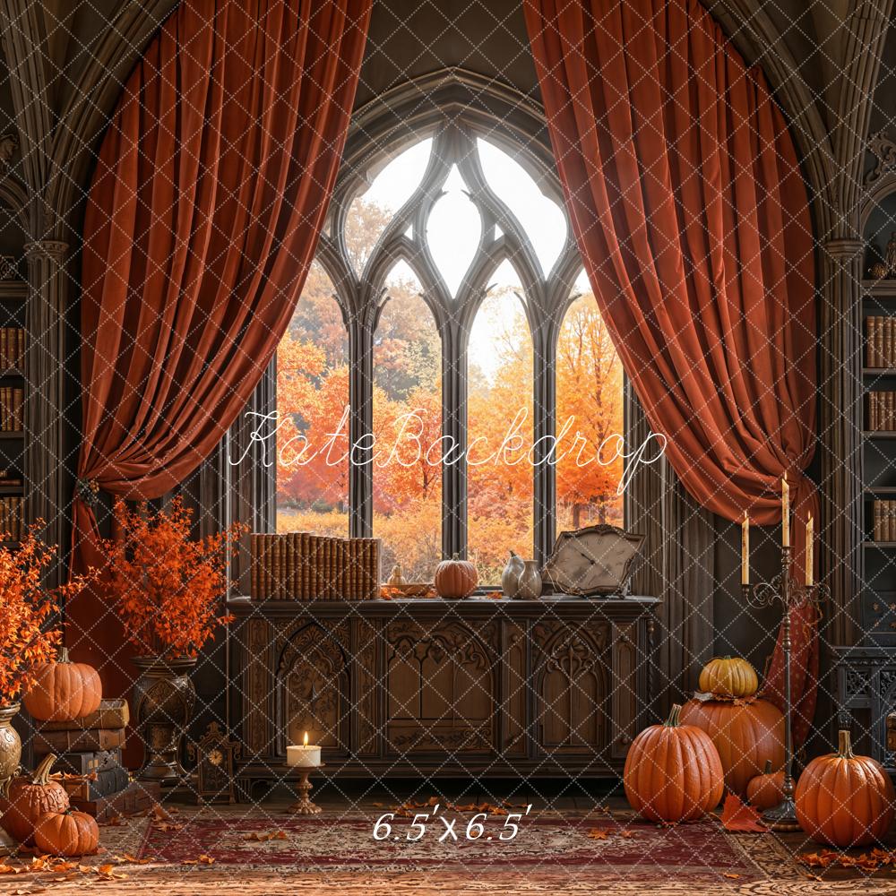 Kate Fall Gothic Arched Window Library Pumpkins Curtains Backdrop Designed by Emetselch