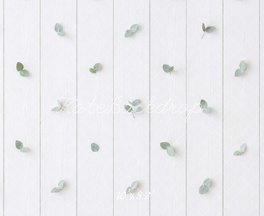 Kate White Wood Plank Green Leaves Floor Backdrop Designed by Mini MakeBelieve