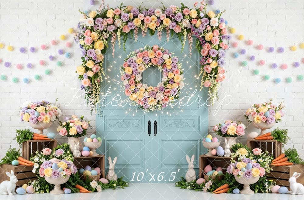 Kate Easter Bunny Flower Arch Pastel Eggs Blue Door Backdrop Designed by Mini MakeBelieve