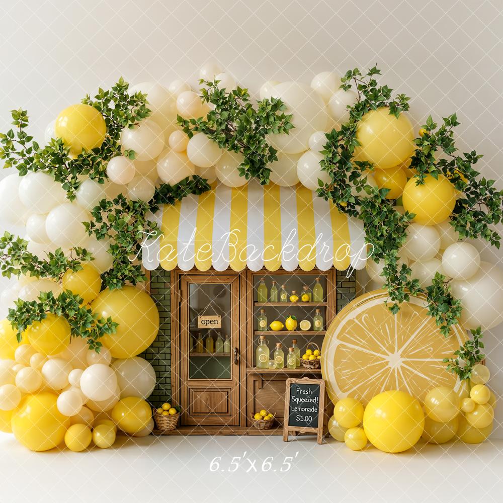 Kate Summer Lemonade Stand Yellow Balloons Greenery Lemons Printed Backdrop Designed by Emetselch