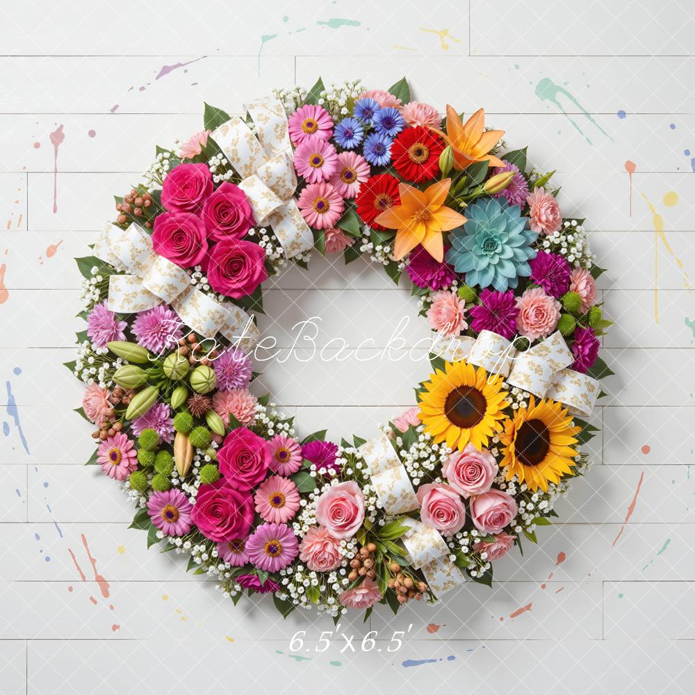 Kate Newborn Flower Wreath Paint Splatter White Wood Floor Backdrop Designed by Mini MakeBelieve