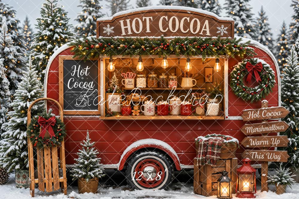 Kate Christmas Hot Cocoa Red Camper Van Snowy Forest Printed Backdrop Designed by Emetselch