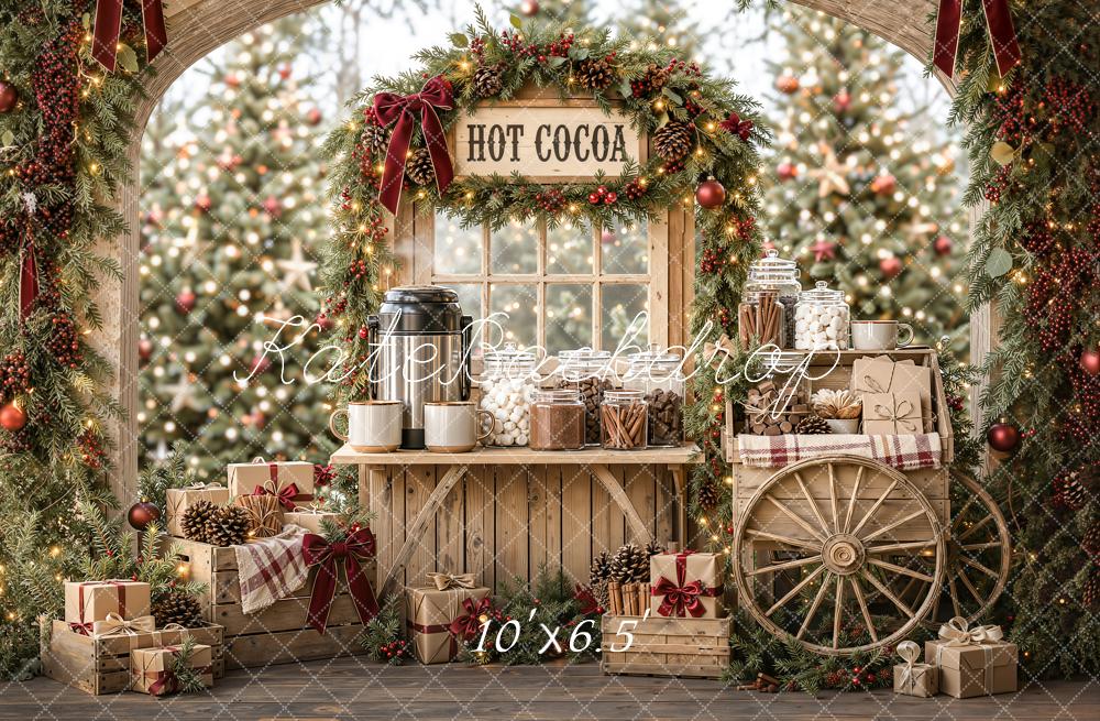 Kate Christmas Hot Cocoa Stand Wood Cart Pine Arch Printed Backdrop Designed by Emetselch