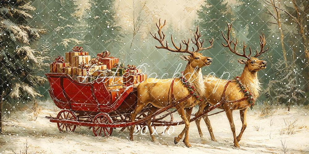 Kate Christmas Reindeer Sleigh Forest Snowy Backdrop Designed by Emetselch