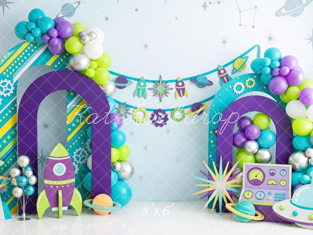 Kate Birthday Space Balloon Arch Rockets Purple Green Printed Backdrop Designed by Mini MakeBelieve