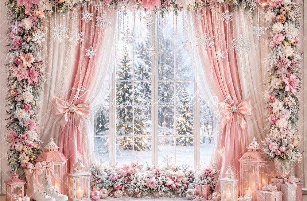 Kate Christmas Pink Curtains Flower Arch Window Snowy Printed Backdrop Designed by Ashley Paul