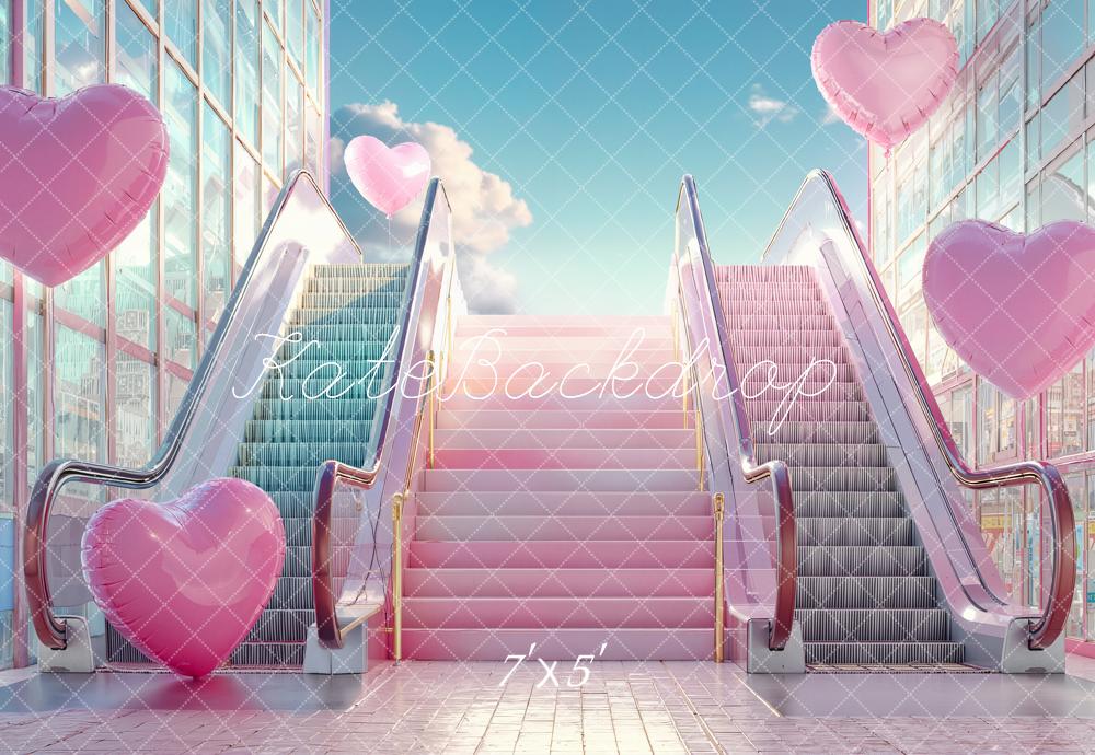 Kate Valentine's Day Pink Heart Balloons Escalator Stairs Backdrop Designed by Emetselch
