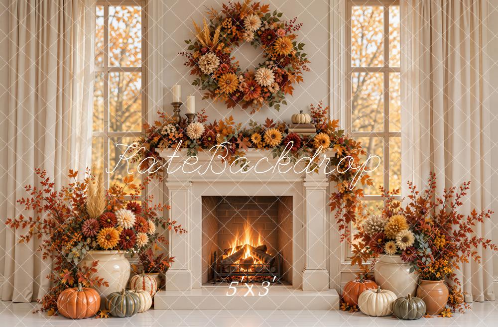 Kate Fall Fireplace Floral Wreath Pumpkins Printed Backdrop Designed by Emetselch