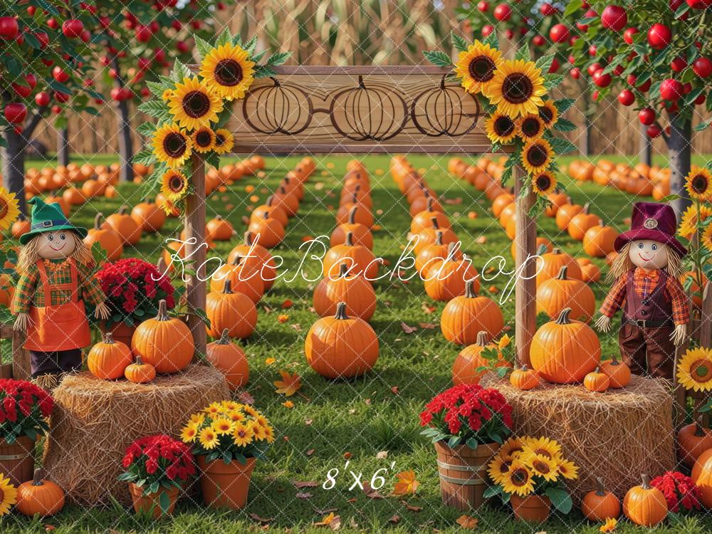 Kate Fall Pumpkin Field Sunflowers Scarecrows Hay Bales Printed Backdrop Designed by Mini MakeBelieve