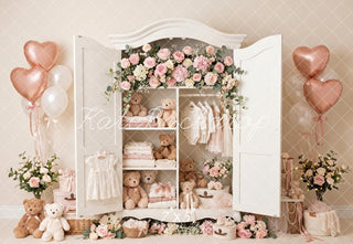 Lightning Deal Kate Valentine's Day Teddy Bear Floral Wardrobe Pink Heart Balloon Printed Backdrop Designed by Patty Roberts