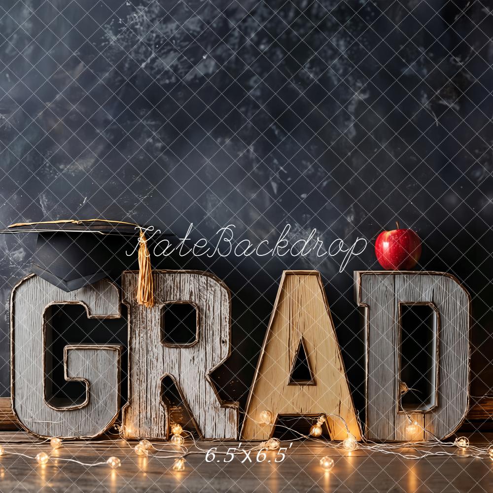 Kate Graduation GRAD Letters Chalkboard Apple String Lights Printed Backdrop Designed by Emetselch